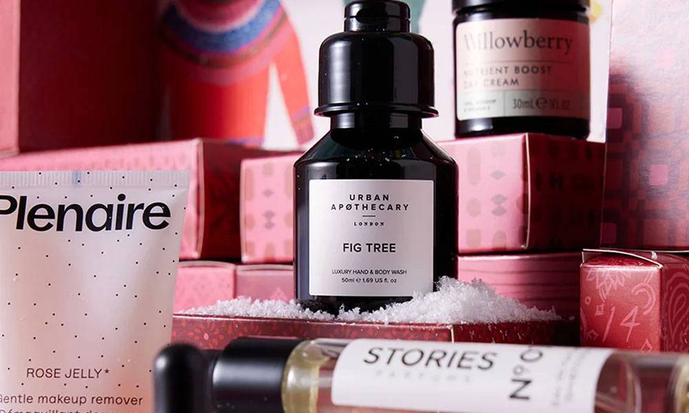 Anthropologie - a display of some toiletries with Plenaire Rose Jelly makeup remover, Urban Apothecary Fig Tree Luxury Hand & Body Wash and a Stories product Anthropologie - a display of some toiletries with Plenaire Rose Jelly makeup remover, Urban Apothecary Fig Tree Luxury Hand & Body Wash and a Stories product