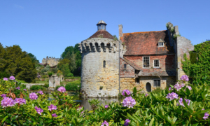 Medieavl castle with flowers in the foreground
