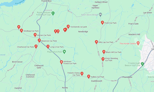Google map of Ashdown Forest car parks