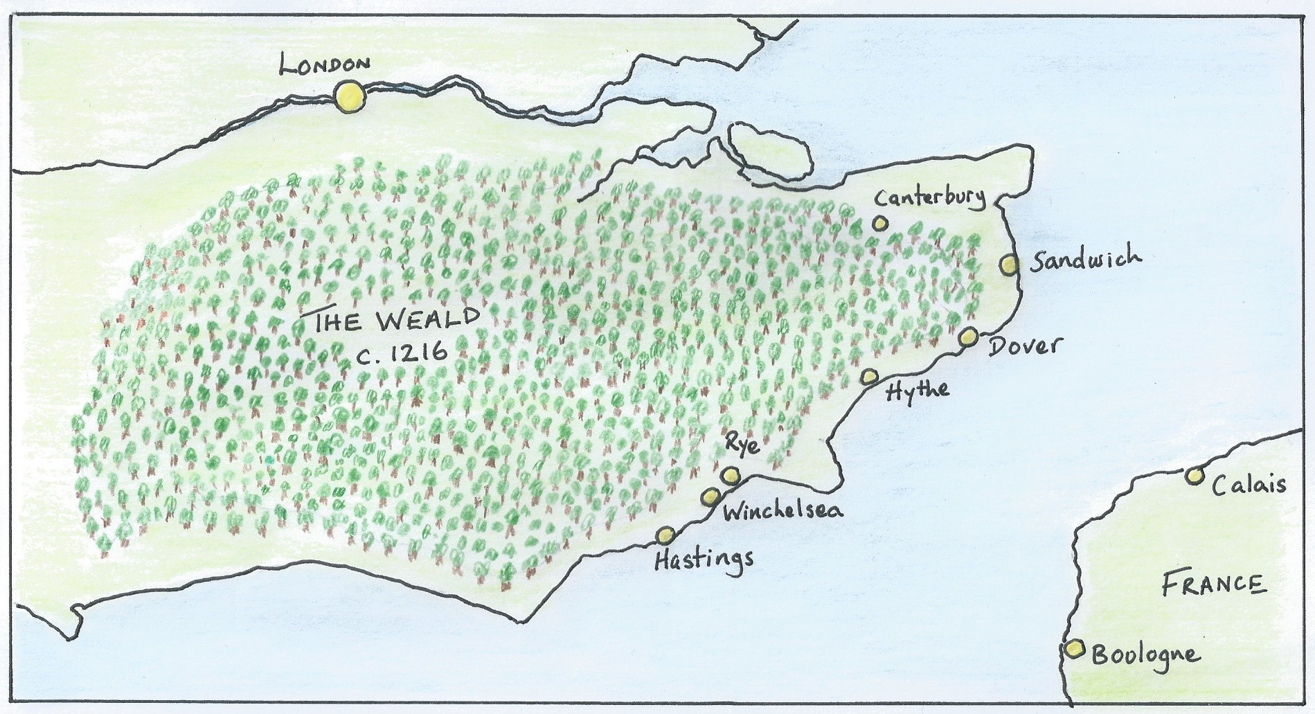 Weald map ©Michael Long An illustrated map of the South East of England with The Weald area highlighted. It coveres most of the South East from below London to Canterbury, down to Hasting and across to Gatwick.