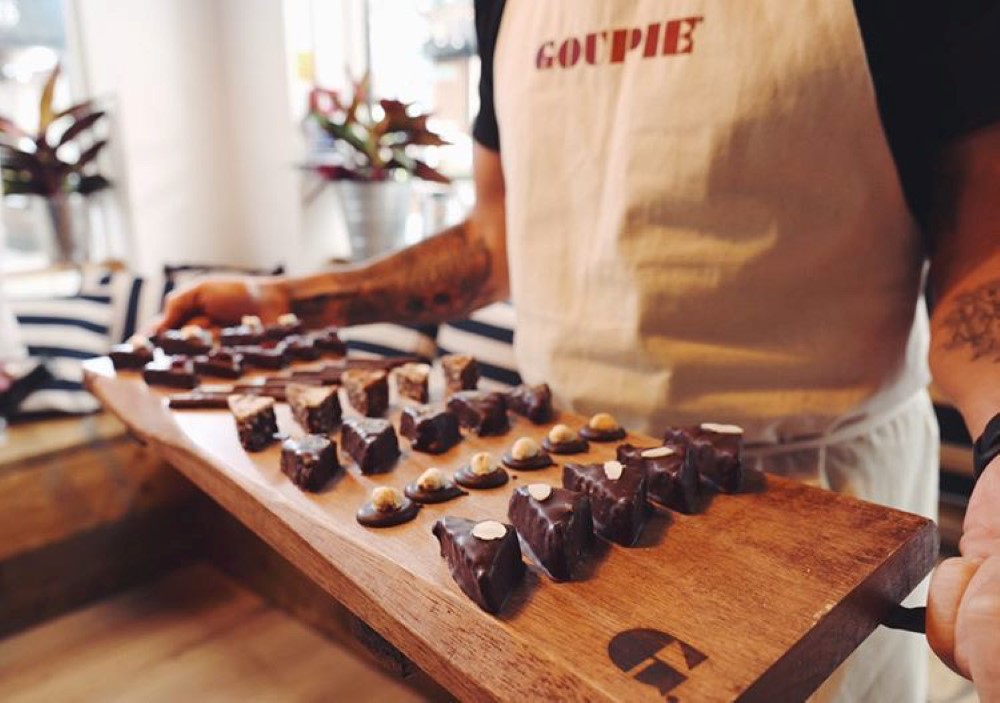 Goupie (002) handmade chocolates on a board