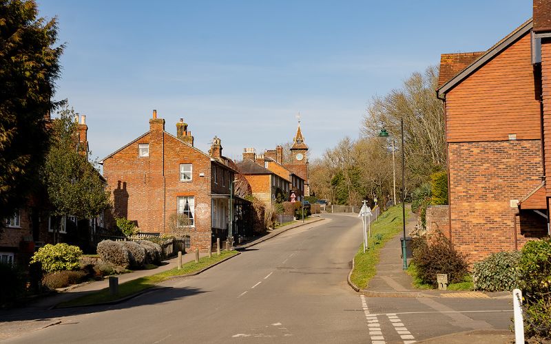 Village street going up a hill