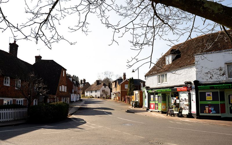 Village centre street with a small shop