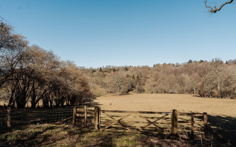 Countryside field surrounded by woodland and rolling hills
